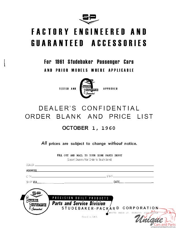1961 Studebaker Accessories Price List